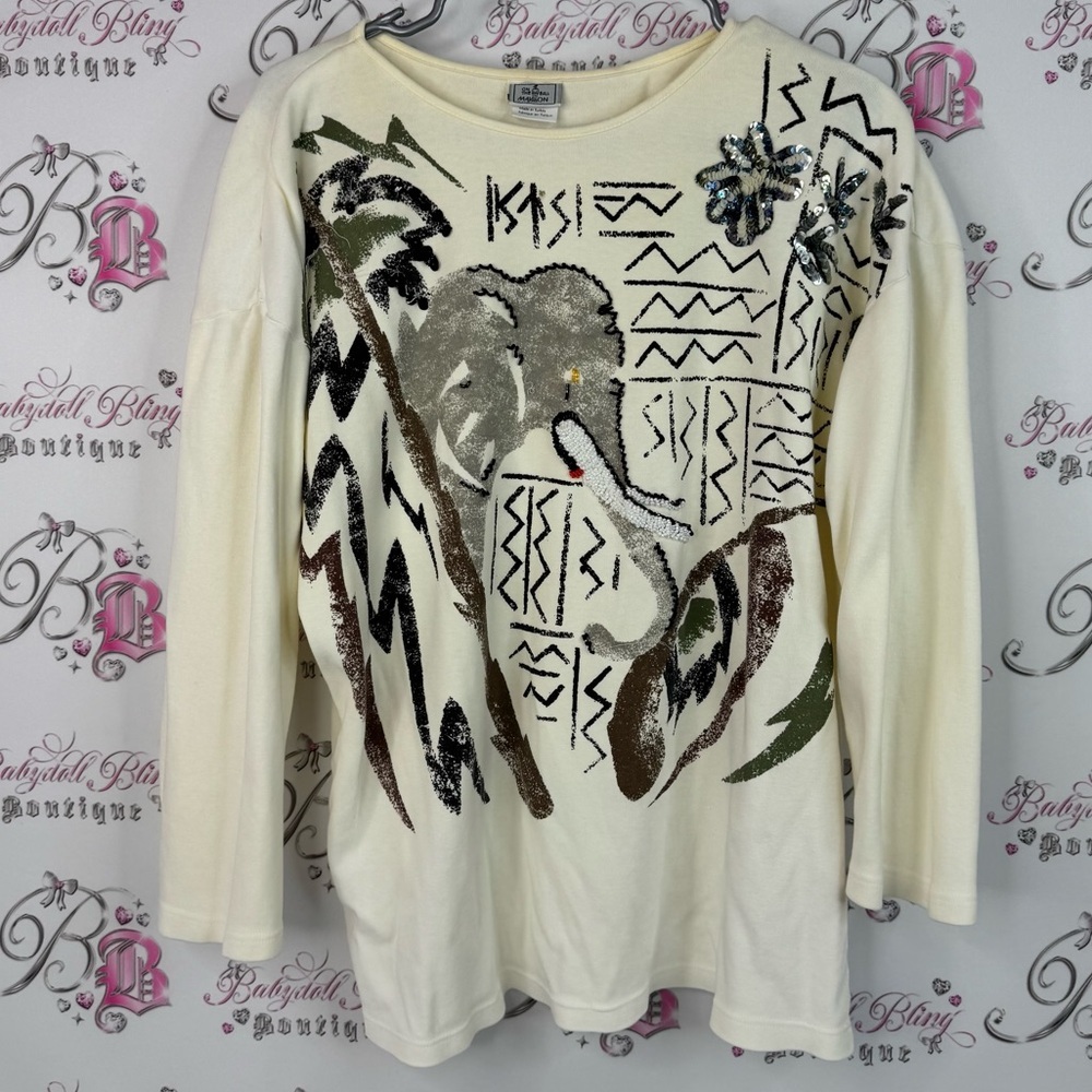 On the ball mayon shirt elephant sequins embroidered Cream Graphic Long Sleeve